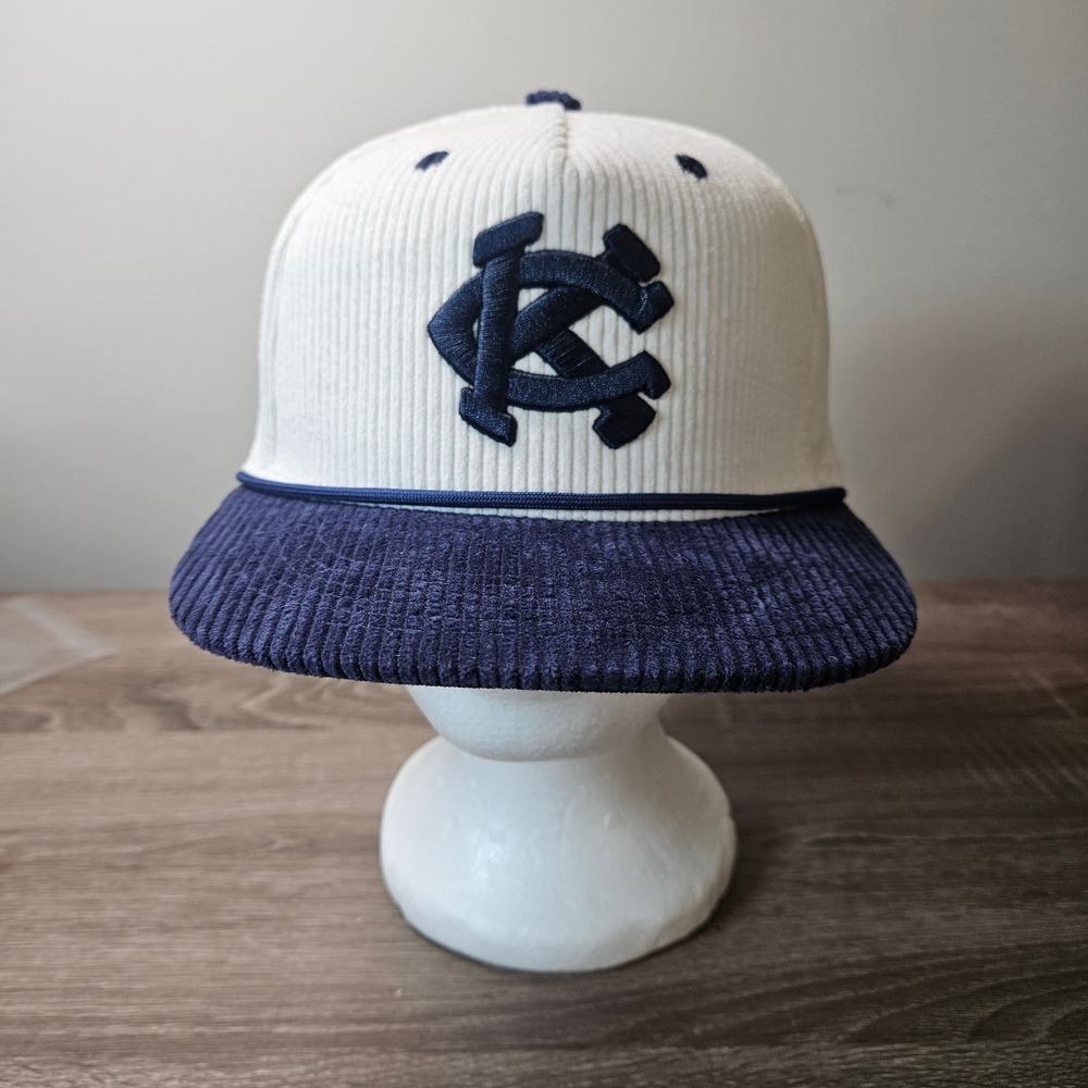 Melonwear Kansas City KC Corduroy Snapback Hat Navy Blue Cream Flat Brim Cap